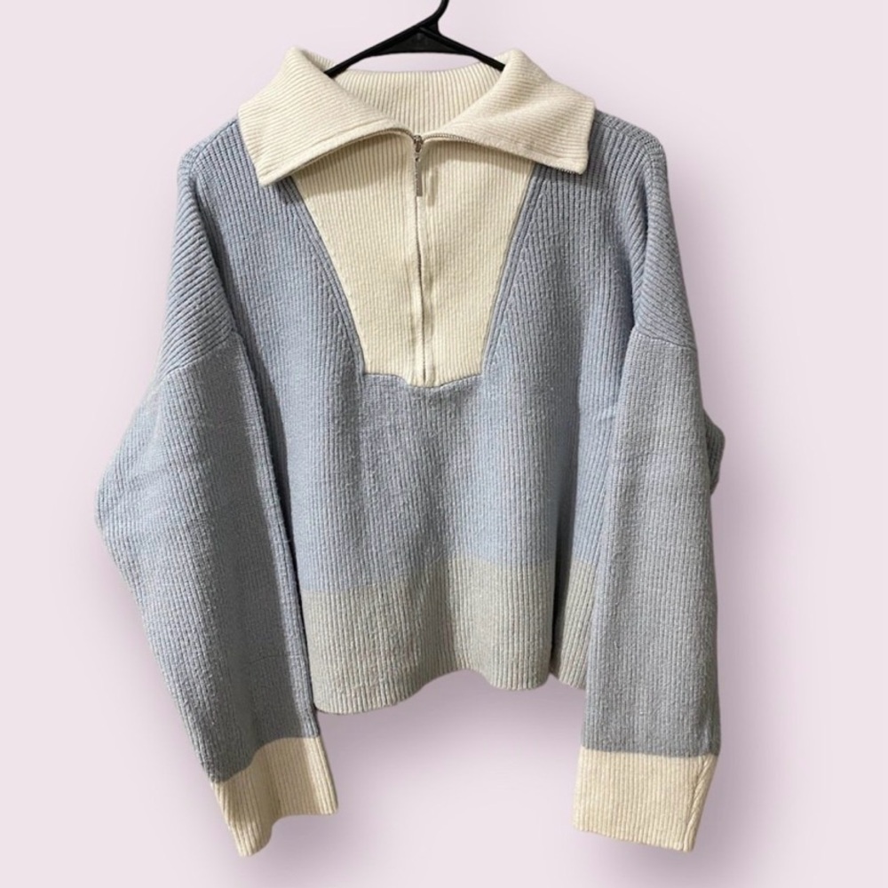 Marc New York Light Gray & Cream Quarter Zip Sweater | Size L